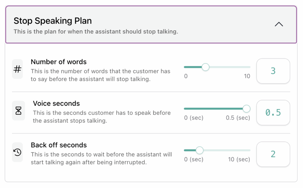 setup stop speaking plan for a vapi assistant.